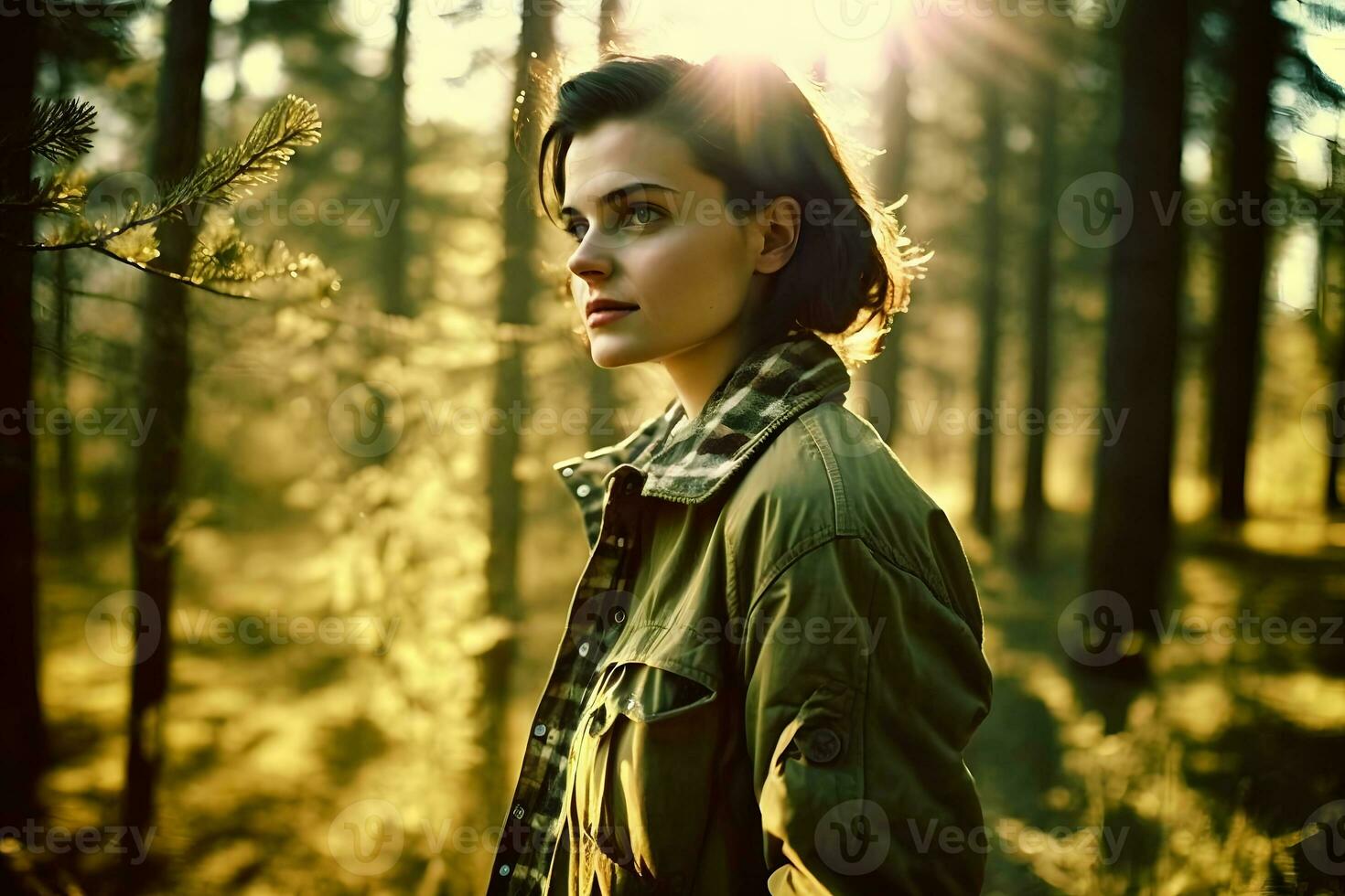 portrait de une voyageur fille dans le forêt. neural réseau ai généré photo