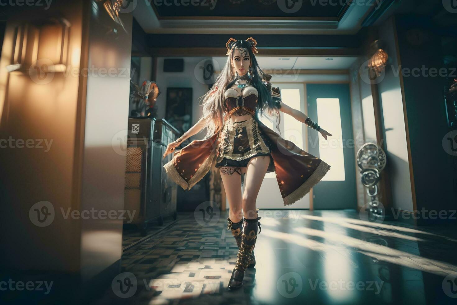 asiatique fille dans une magnifique costume est dansant k-pop. neural réseau ai généré photo