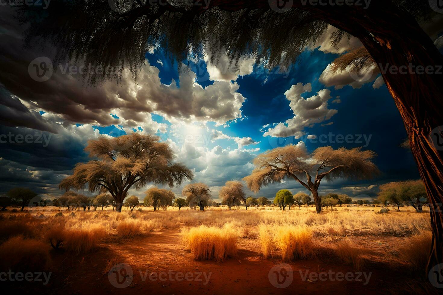 lever du soleil plus de le savane et herbe des champs dans Sud Afrique avec nuageux ciel. neural réseau ai généré photo