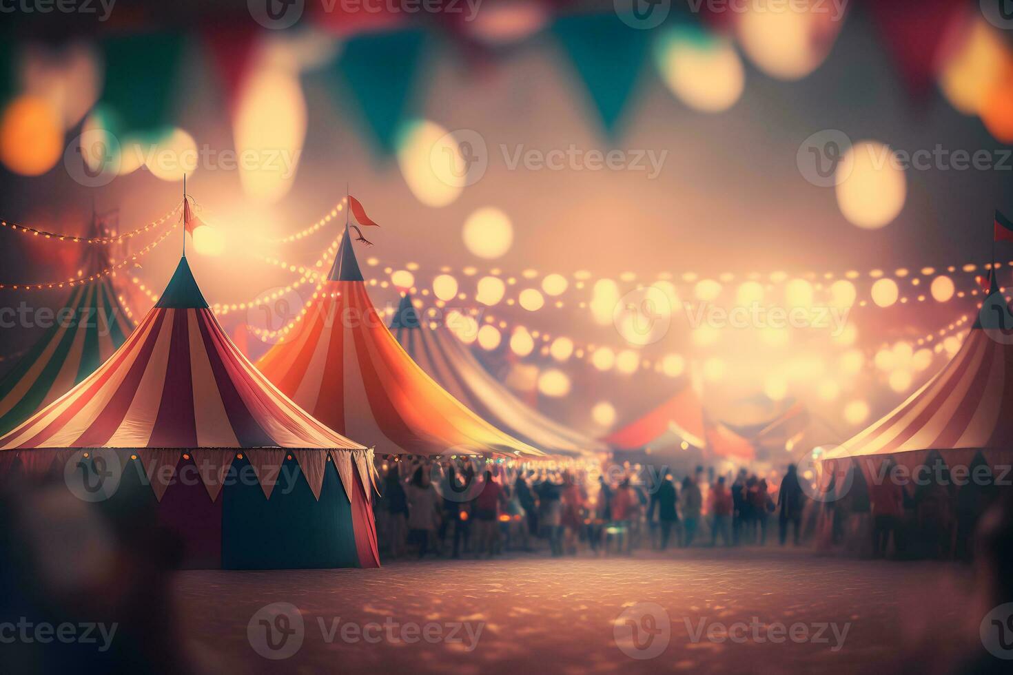 nuit vue de une cirque tentes et beaucoup lumière les lampes avec flou Contexte. neural réseau ai généré photo