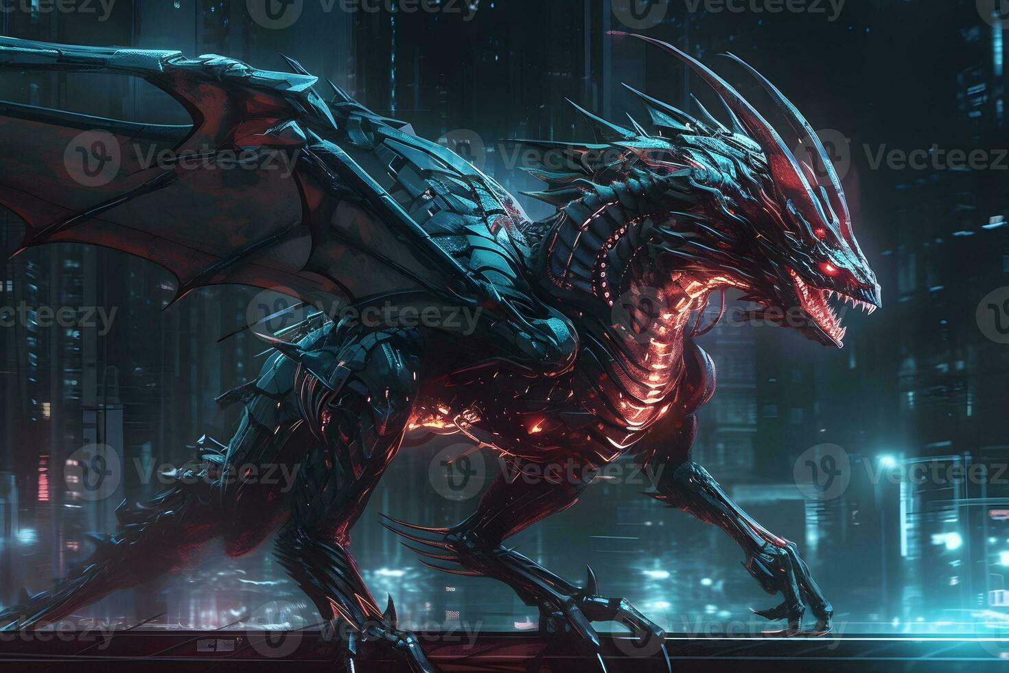 dragon dans futuriste néon ville. neural réseau ai généré photo