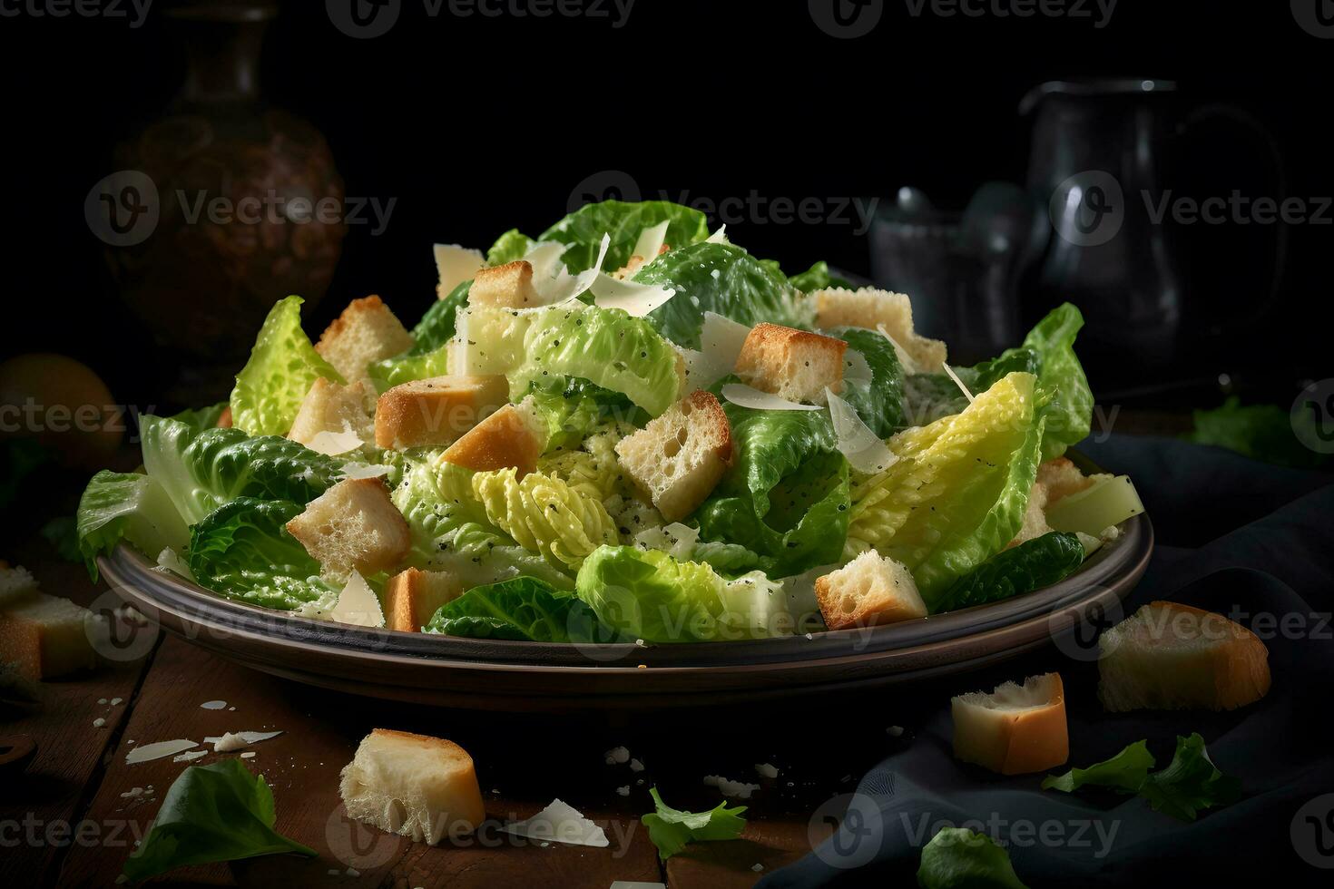 César salade avec grillé poulet, Croûtons, Caille des œufs et Cerise tomates sur en bois rustique tableau. neural réseau ai généré photo