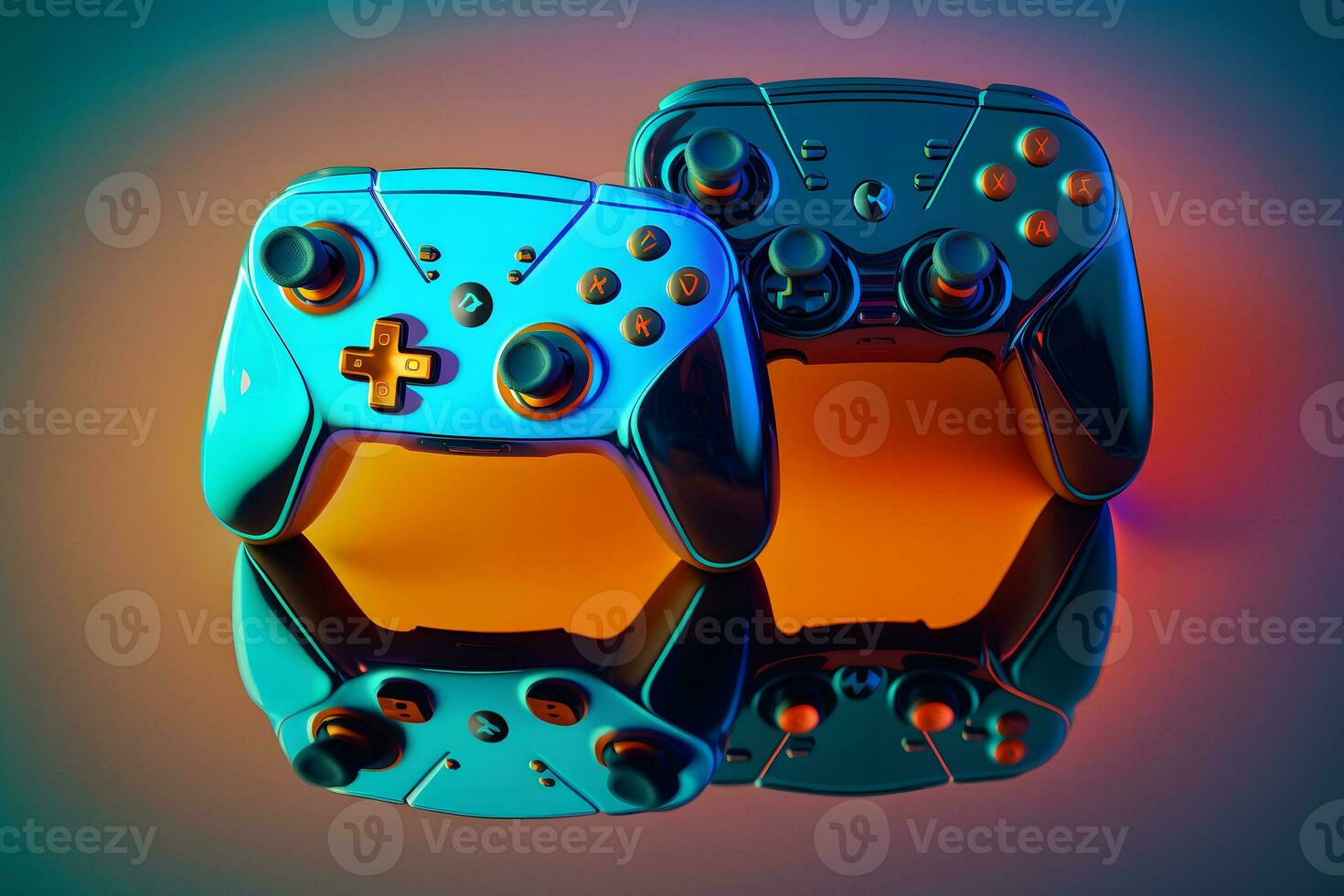 deux console jeu contrôleurs avec beaucoup boutons et brillant brillant corps surface. neural réseau généré art photo