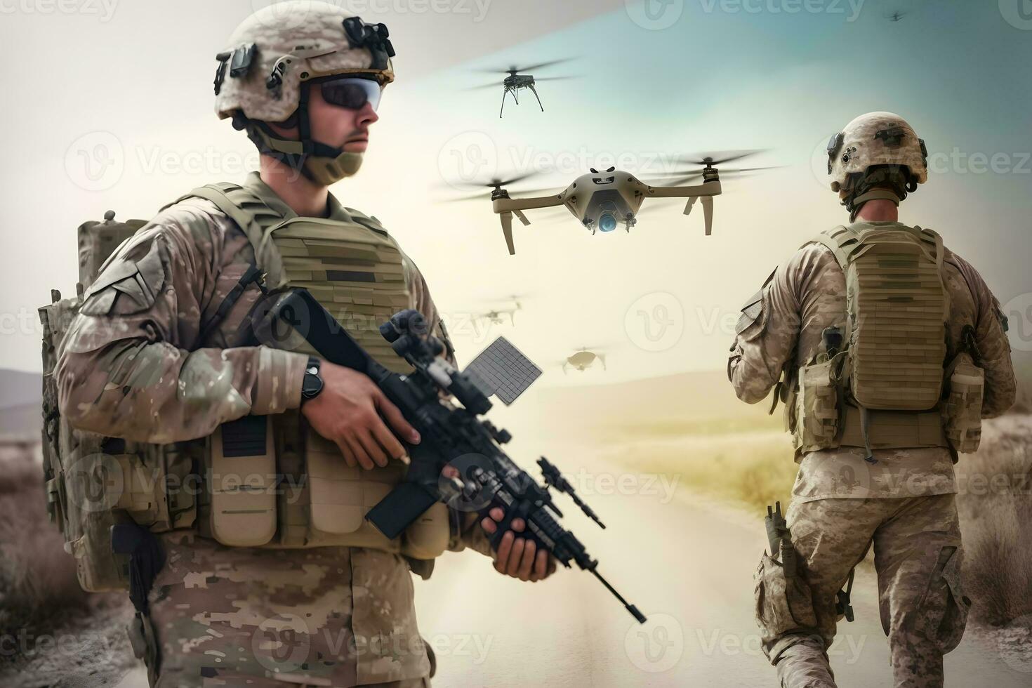 soldats sont en utilisant drone pour repérage pendant militaire opération dans le désert. neural réseau généré art photo
