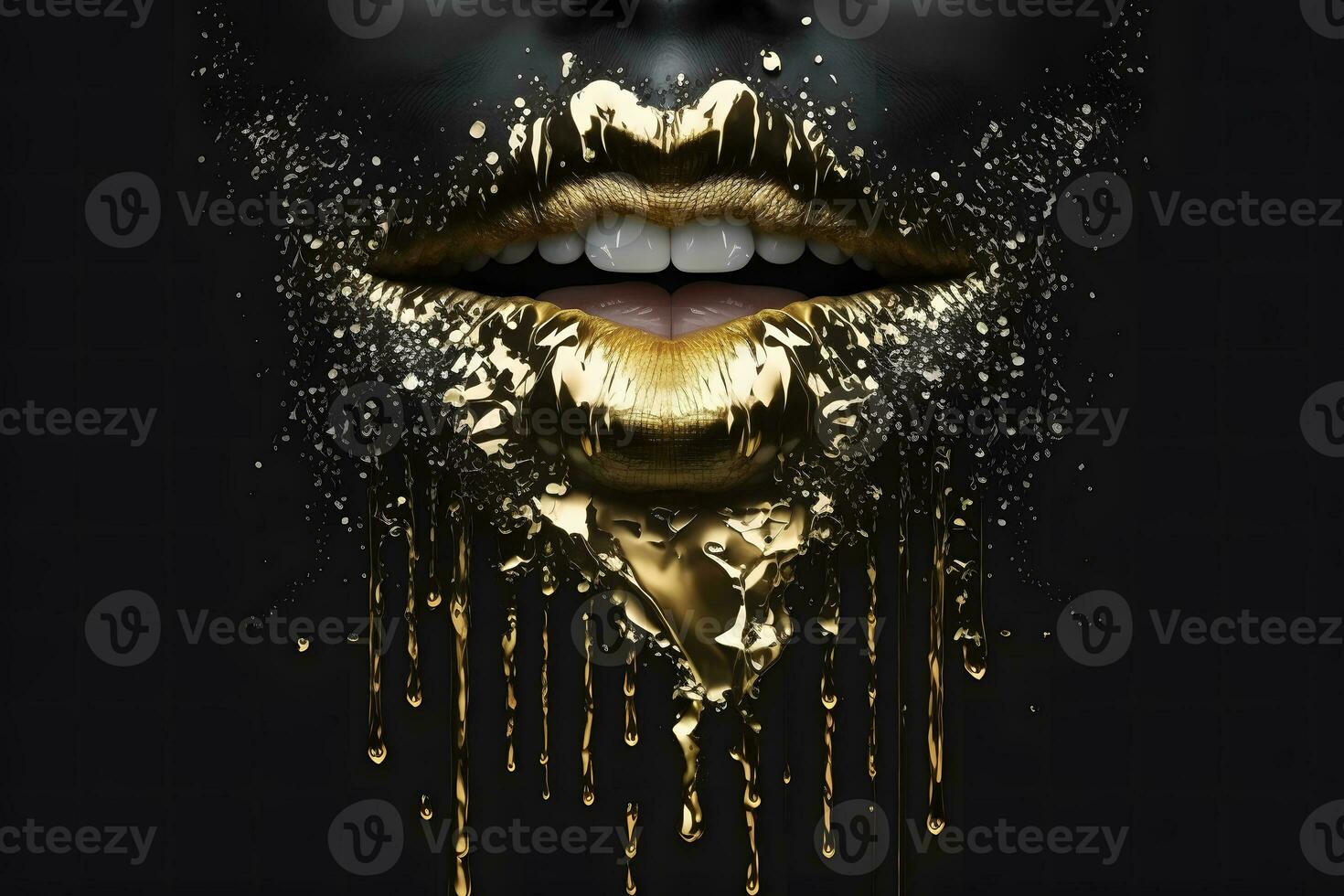 beauté maquillage d'or luxe lèvres sur une noir Contexte. neural réseau ai généré photo