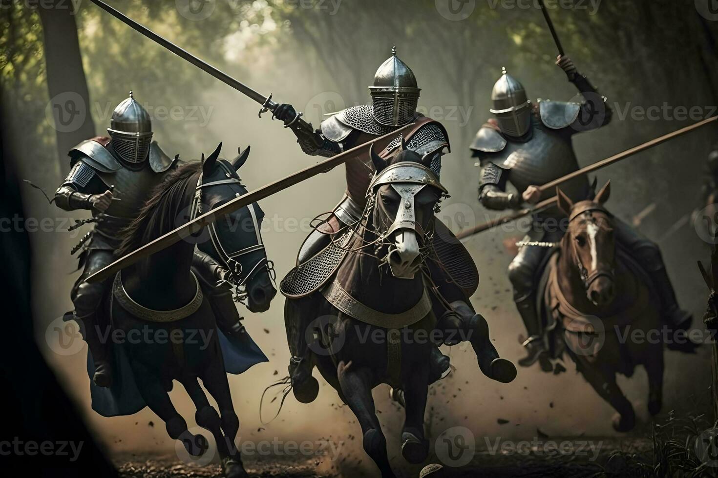 épique champ de bataille armées de médiéval chevaliers combat avec épées. neural réseau ai généré photo