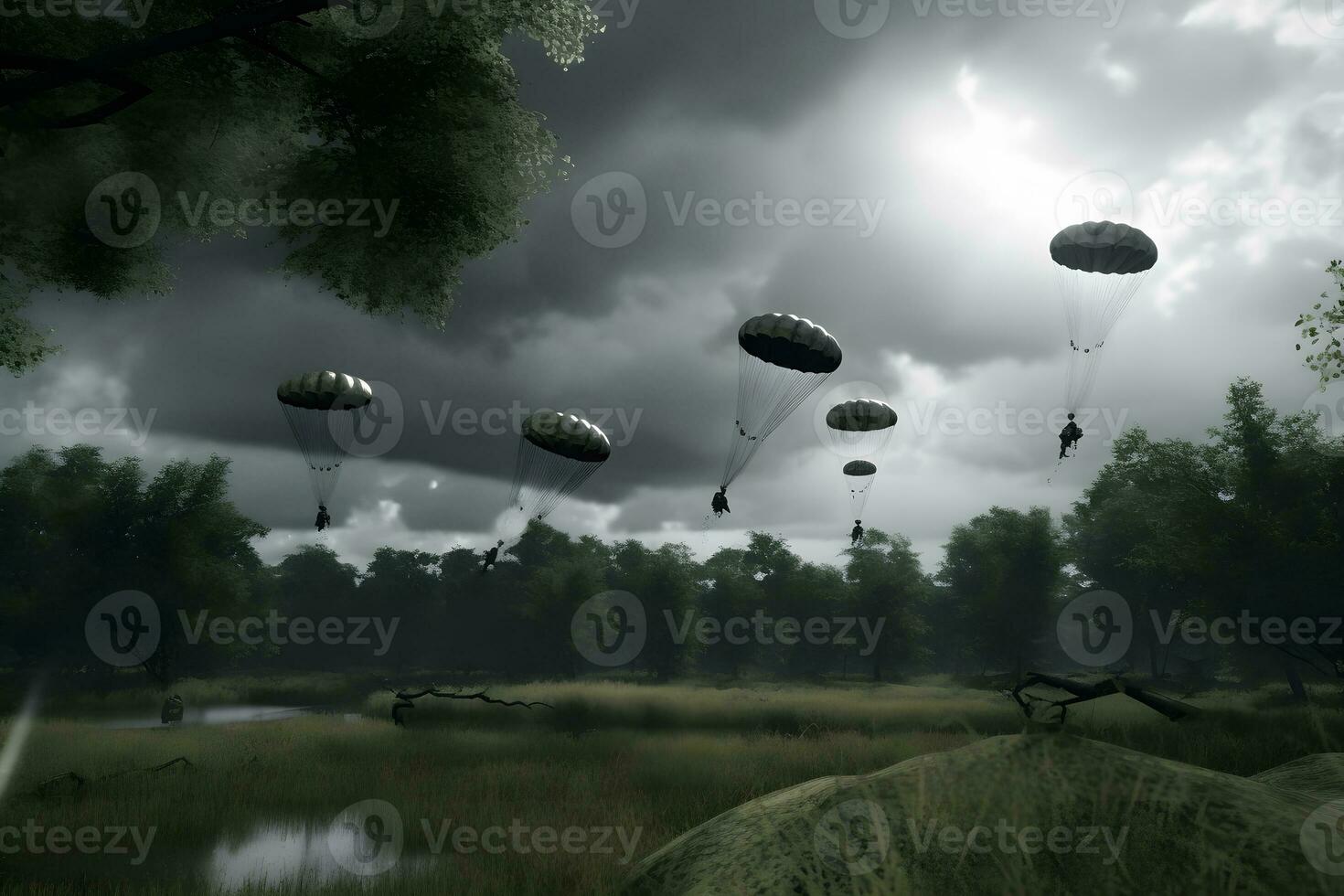 militaire parachutiste parachutistes sauter en dehors de un air Obliger avion. neural réseau ai généré photo