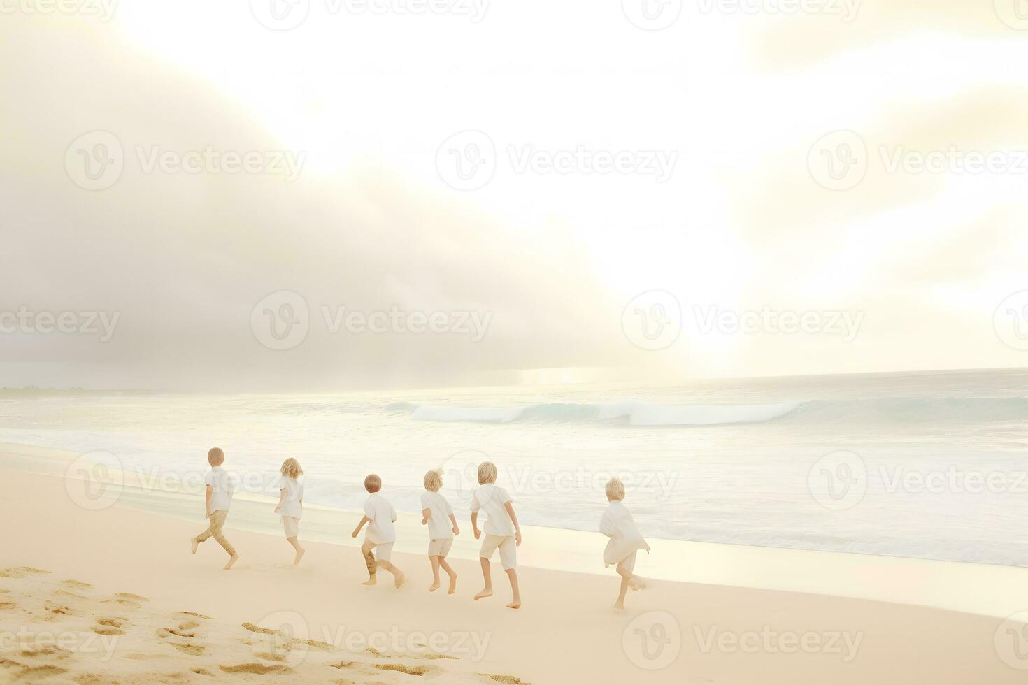 une groupe de les enfants en jouant sur le plage. neural réseau ai généré photo