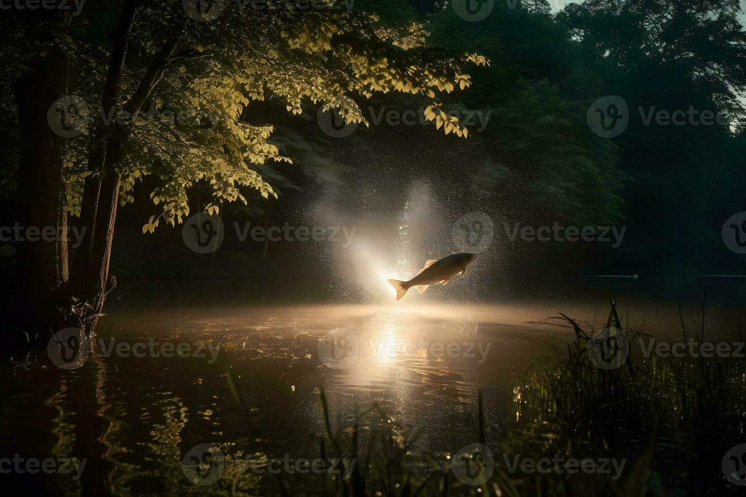 poisson sauter en dehors de le l'eau. neural réseau ai généré photo