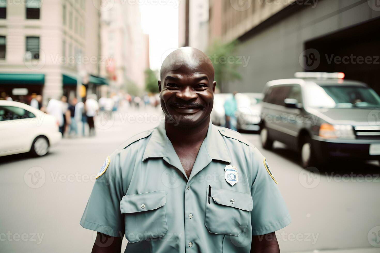 content et souriant africain américain police officier. neural réseau ai généré photo