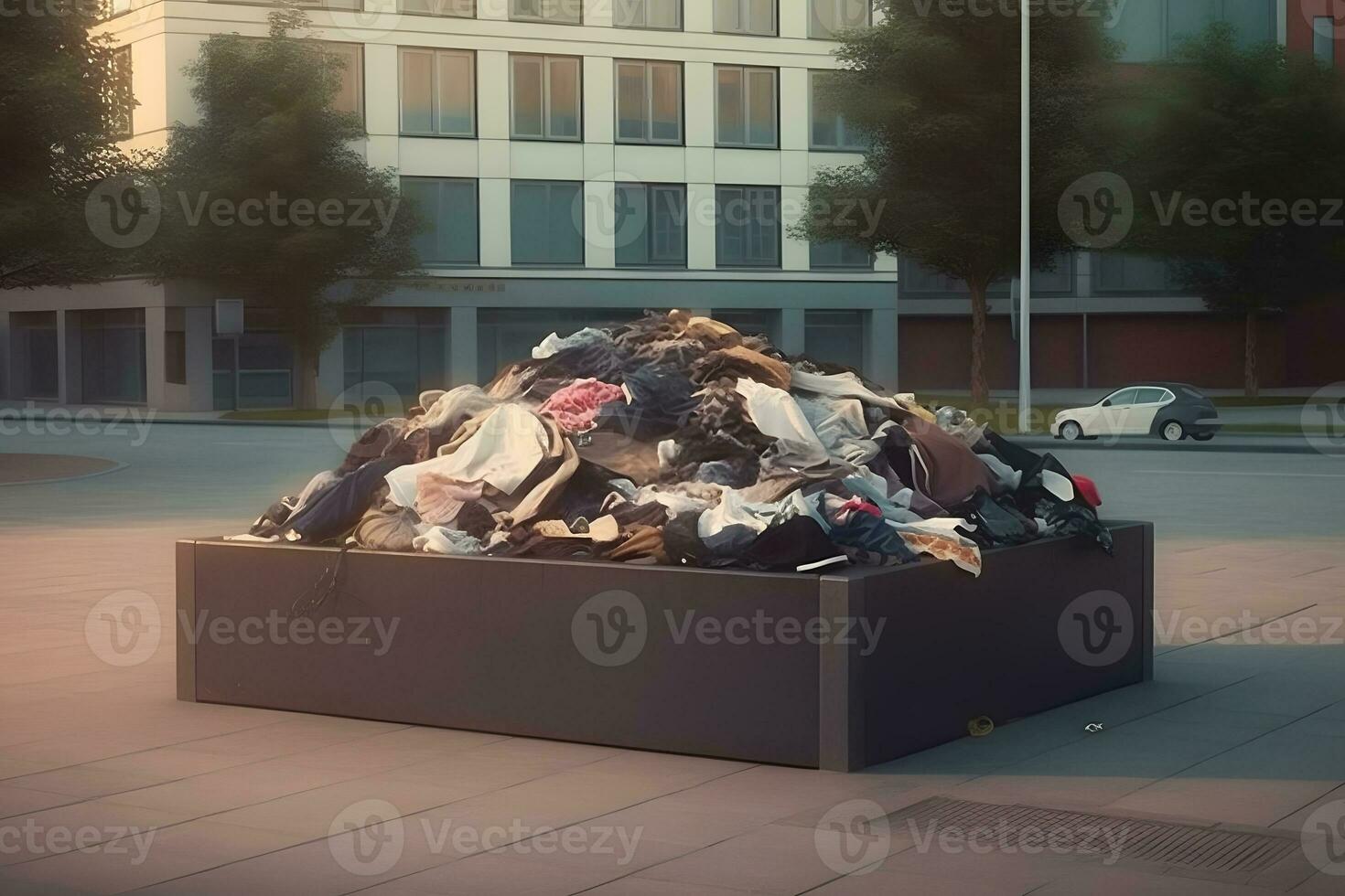 des ordures dans Urbain ville débordement le des ordures poubelle pouvez fabrication la pollution avec vêtements vidé dans déchet et poubelle. neural réseau ai généré photo