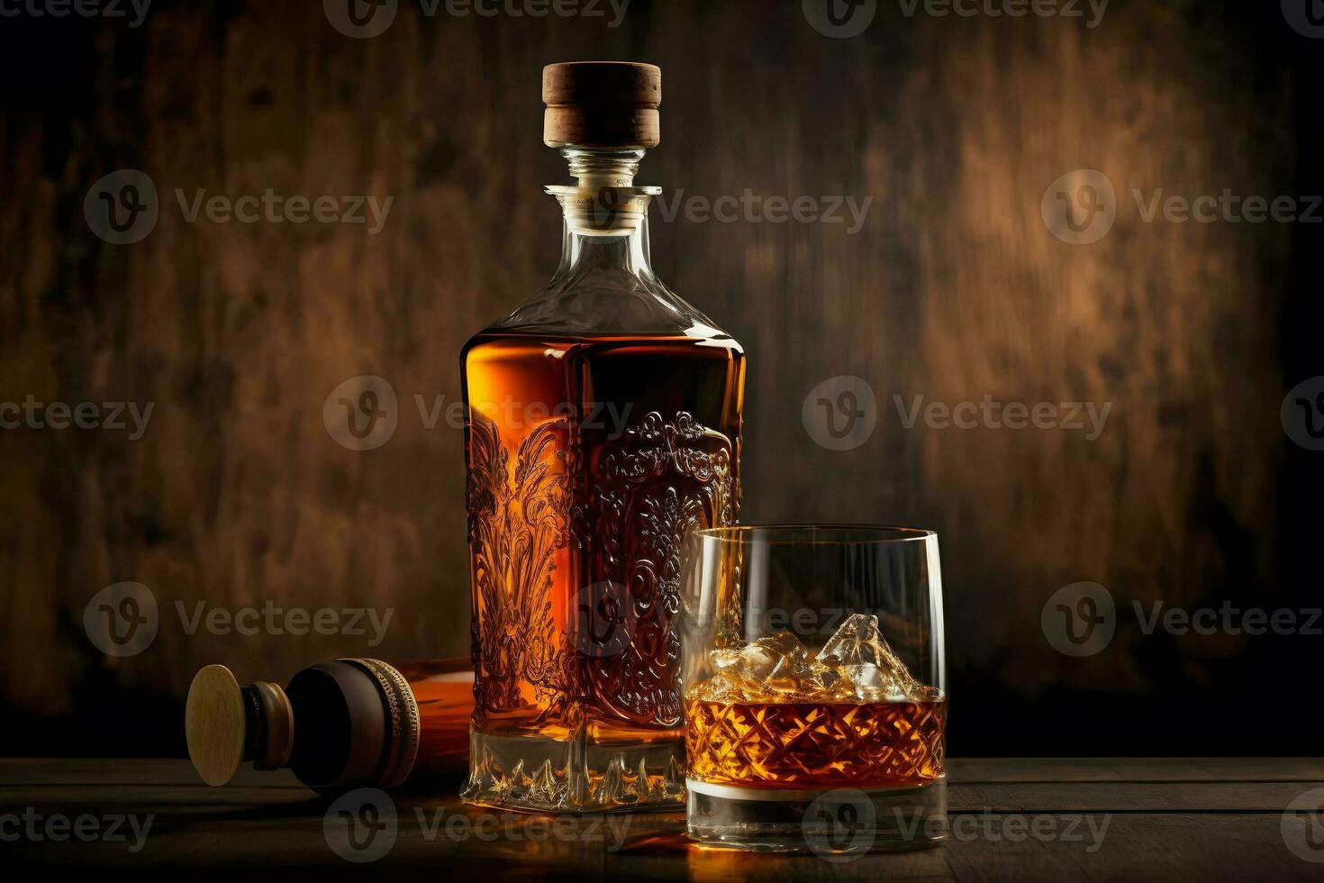 vieux whisky verre proche à ancien bouteille sur en bois tableau. neural réseau généré art photo