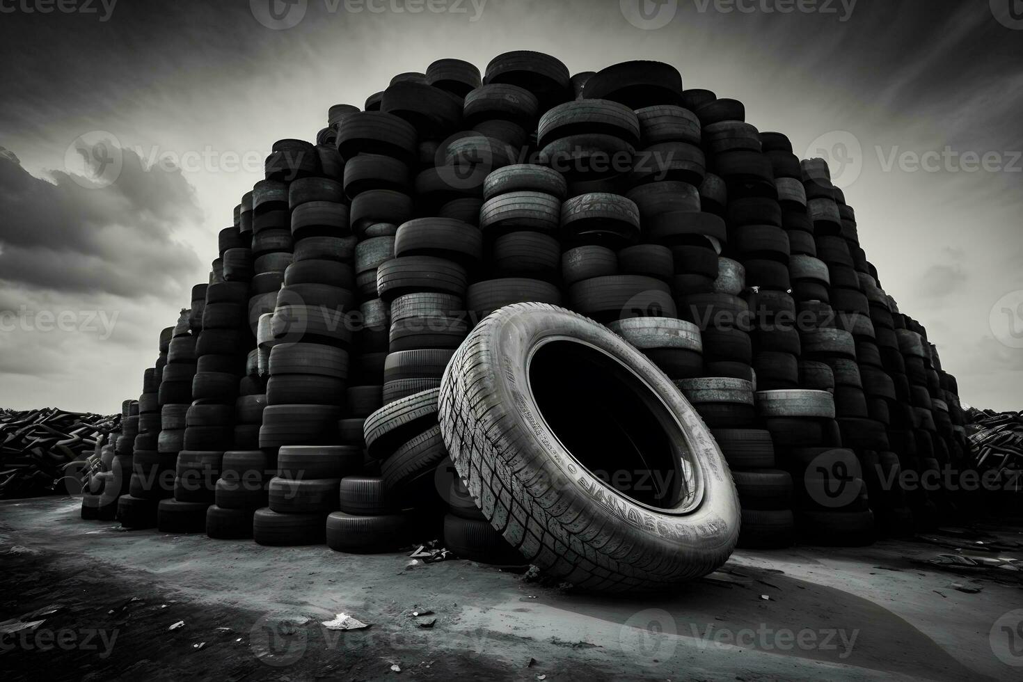 gros pile de utilisé vieux voiture pneus pour recyclage. neural réseau généré art photo