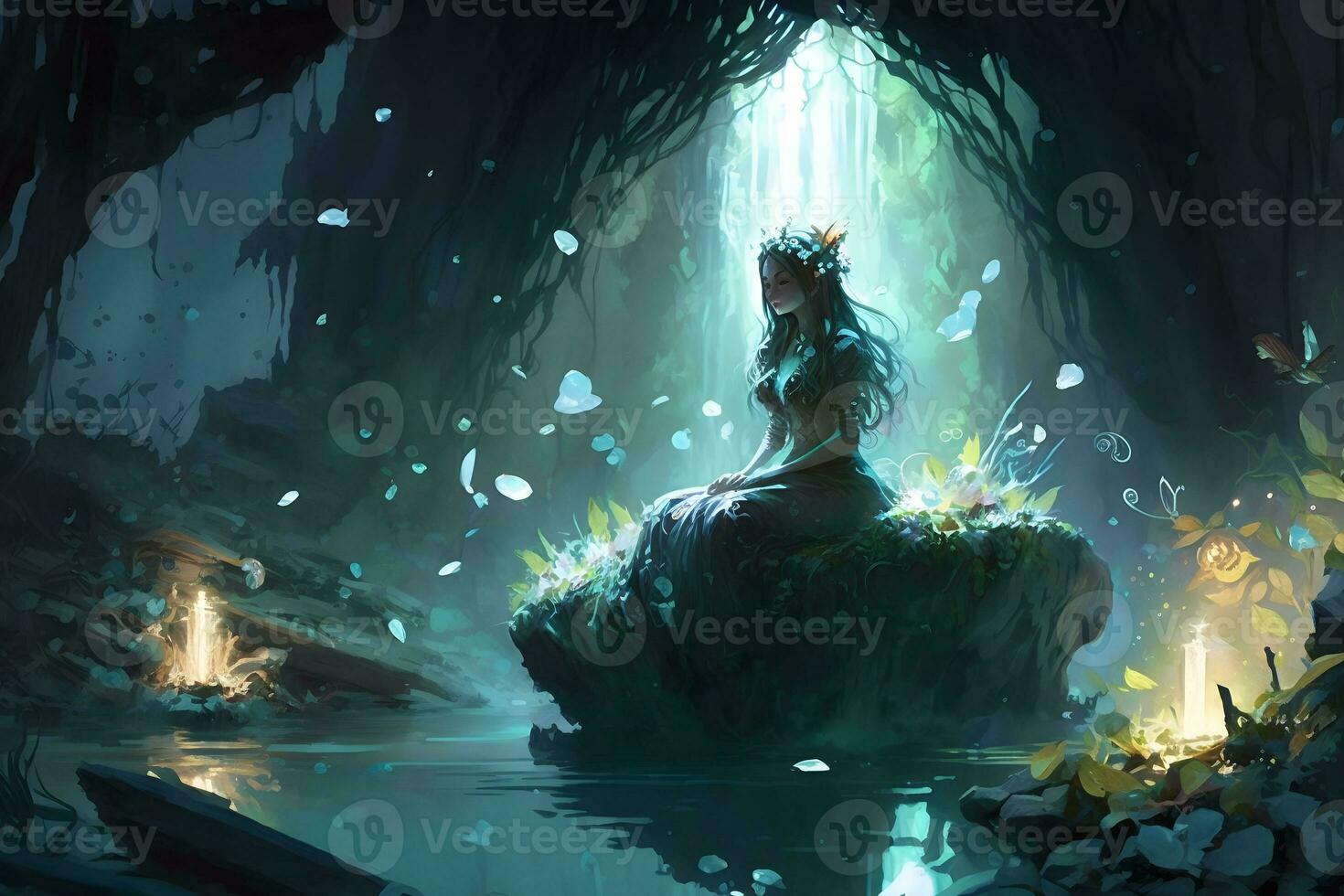 magnifique Jeune Conte de fée nymphe fille dans Naturel robe dans sacré rivière avec l'eau fleurs de lys et des arbres. neural réseau généré art photo