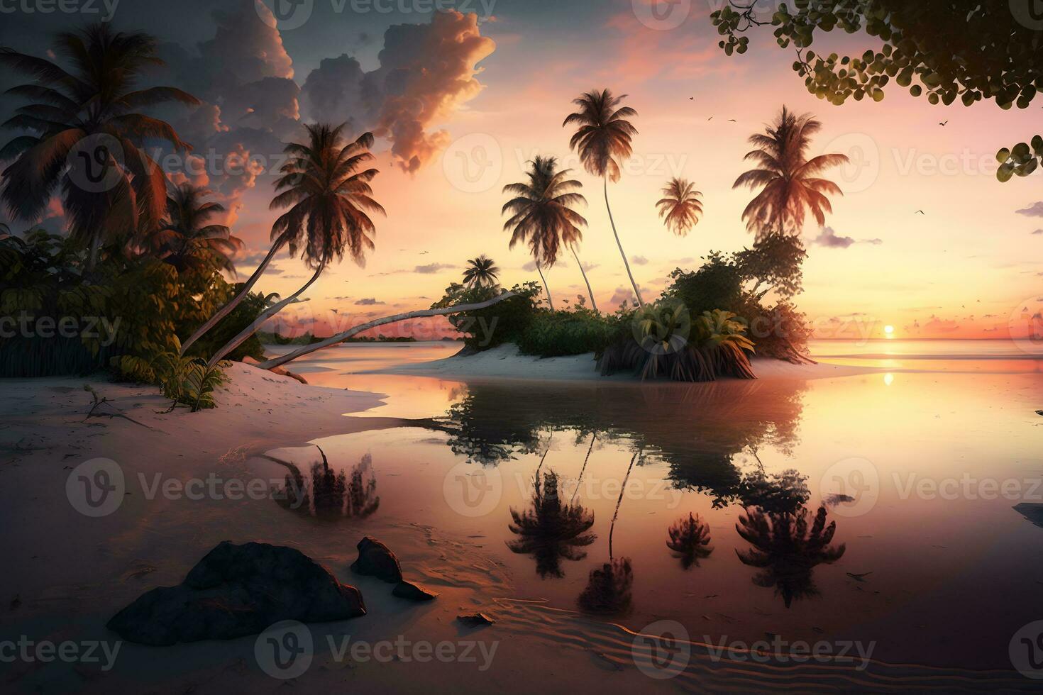 magnifique le coucher du soleil paysage avec paume des arbres. tropical Contexte. neural réseau généré art photo