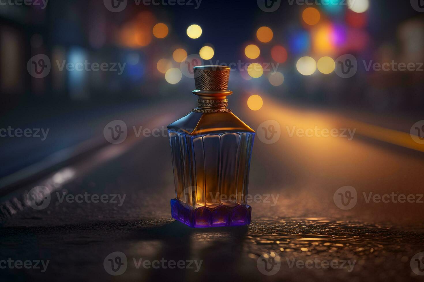 parfum bouteille contre le toile de fond de nuit ville lumières. neural réseau généré art photo