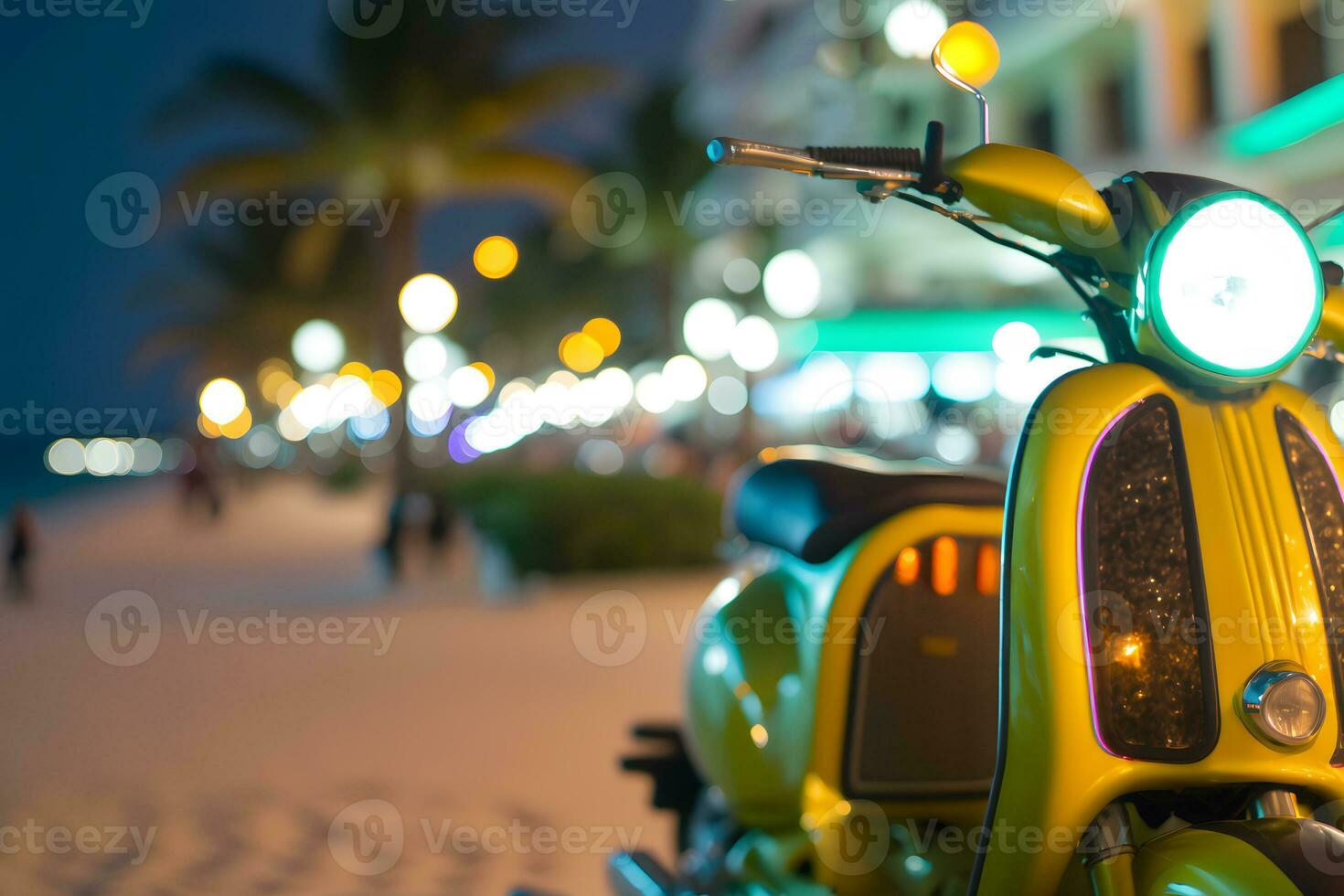 scooter vélomoteur à océan conduire Miami plage à nuit avec néon lumières de hôtels. neural réseau ai généré photo