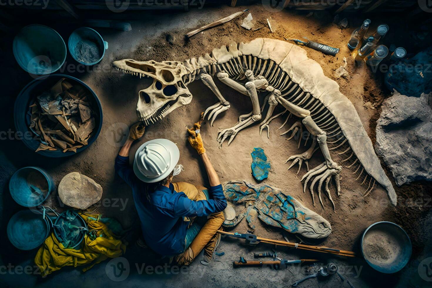 archéologue travaux sur un archéologique site avec dinosaure squelette dans mur pierre fossile tyrannosaure fouilles. neural réseau ai généré photo