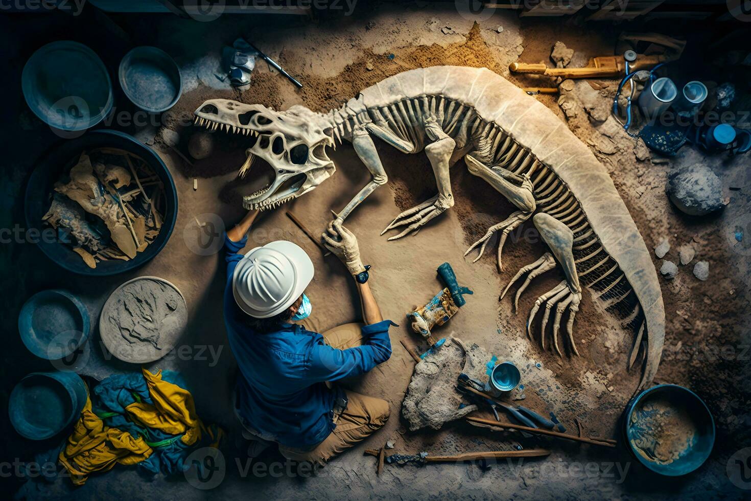 archéologue travaux sur un archéologique site avec dinosaure squelette dans mur pierre fossile tyrannosaure fouilles. neural réseau ai généré photo