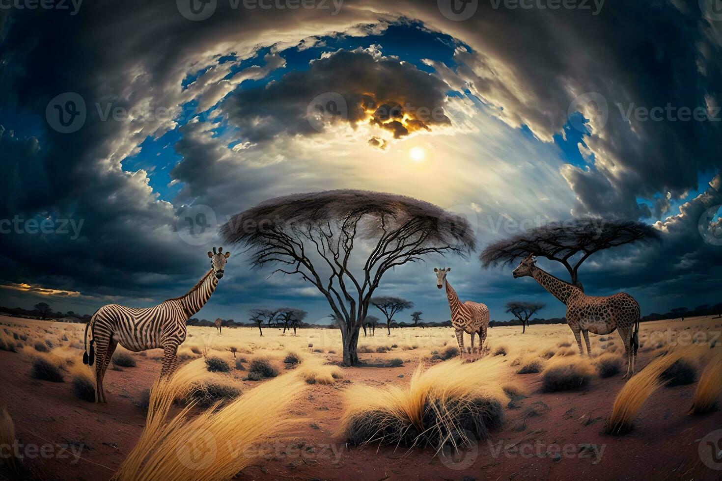 lever du soleil plus de le savane et herbe des champs dans Sud Afrique avec nuageux ciel. neural réseau ai généré photo