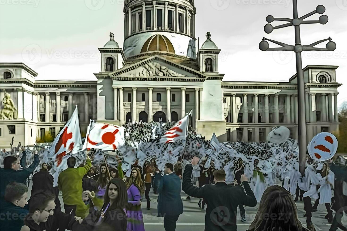 foule de gens avec affiches et drapeaux permanent dans de face de parlement bâtiment pendant Publier élection manifestation. neural réseau ai généré photo