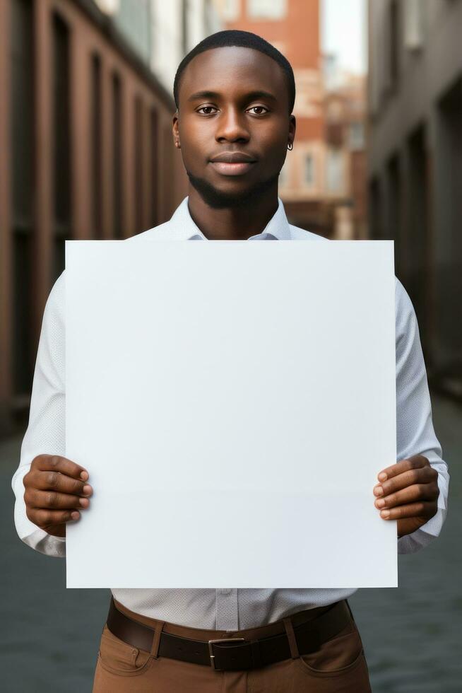 contenu commercialisation. mains en portant une blanc vide papier photo