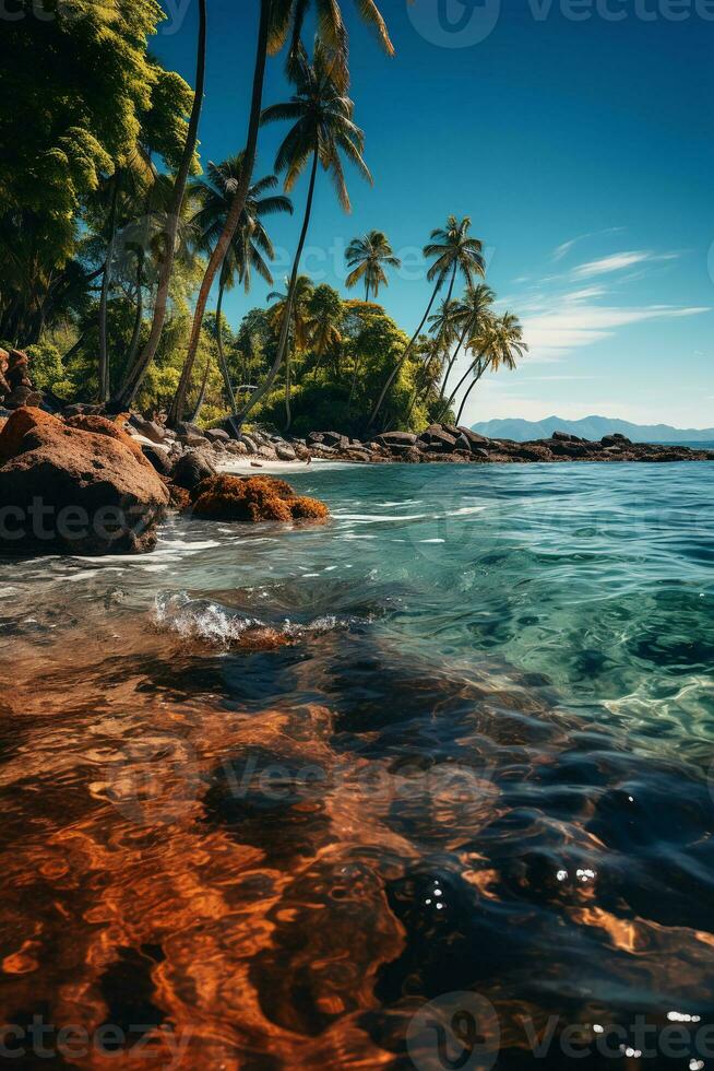 une paradisiaque plage, avec le Soleil centré à le le plus élevé point dans le ciel, et certains paume des arbres. ai génératif photo