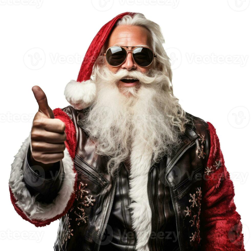 marrant Père Noël claus motard. dans une cuir veste et des lunettes de soleil. isolé sur blanc photo