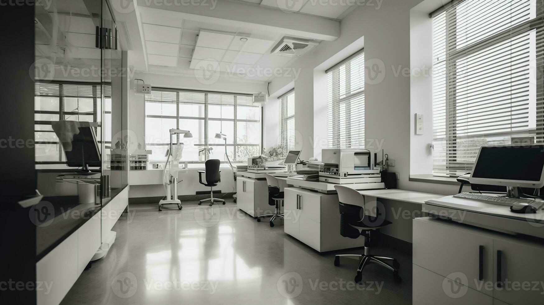 intérieur de moderne médical Bureau avec médecins lieu de travail et gros fenêtre, génératif ai photo