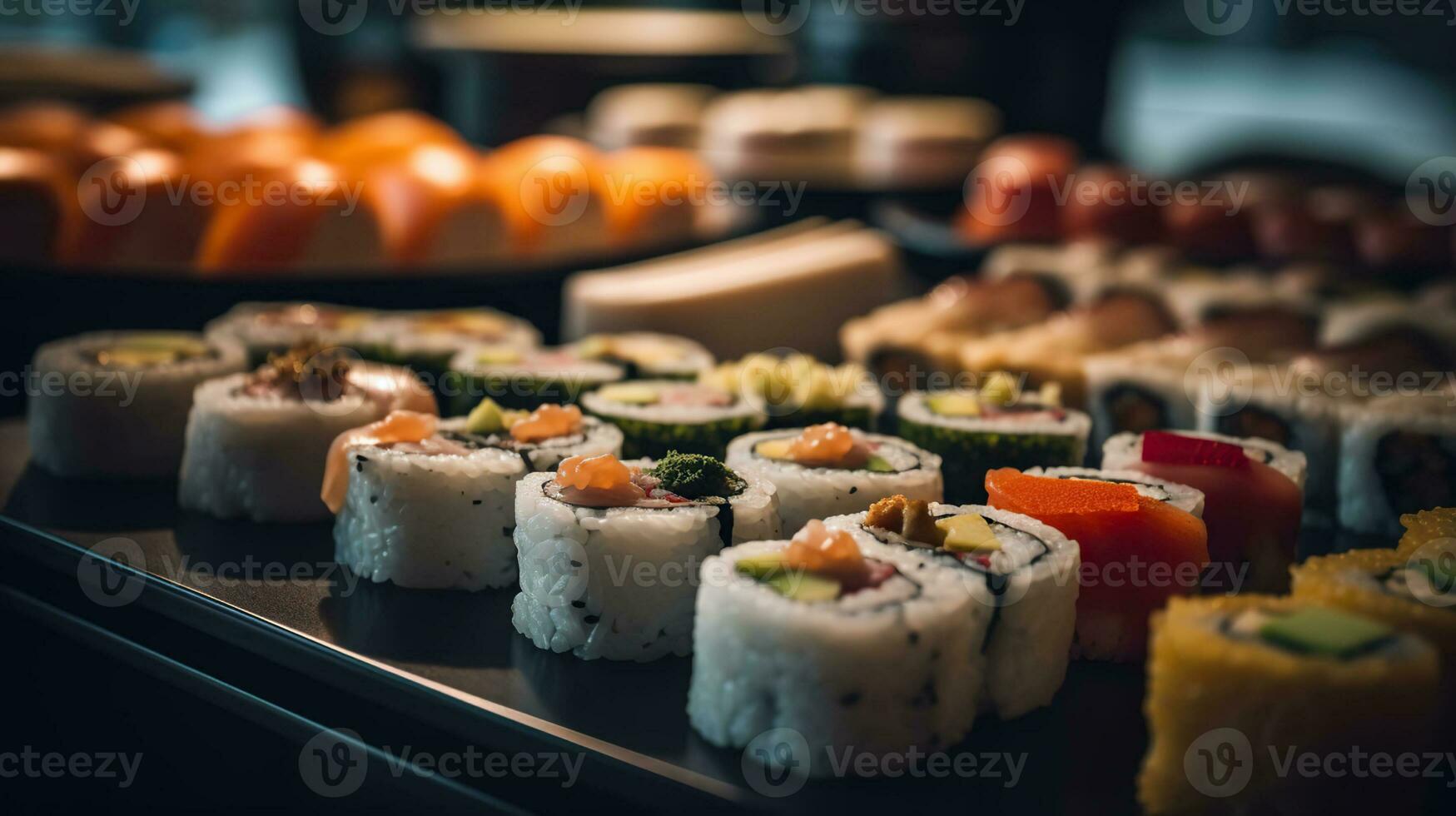 délicieux chinois Sushi dans une Sushi restaurant, portrait la photographie. génératif ai photo