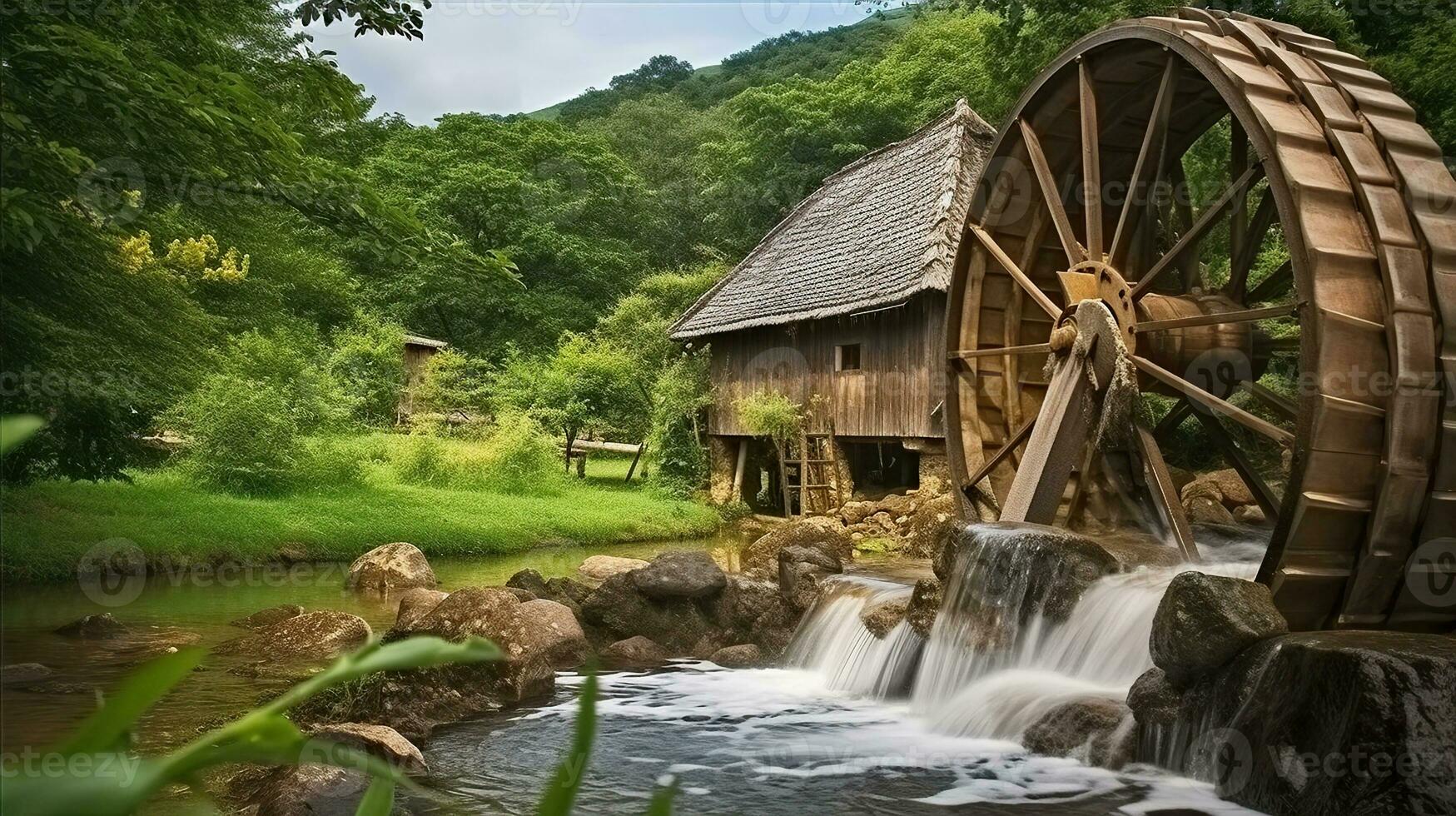 le moulin roue tourne en dessous de une courant de l'eau à village avec traditionnel chaume couvert Maisons. génératif ai photo