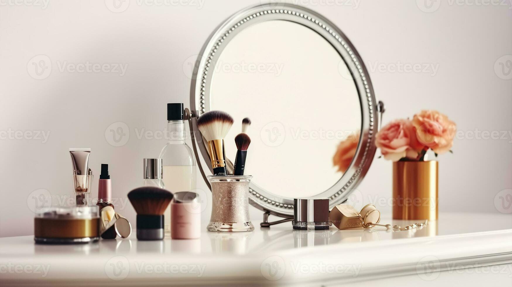 ensemble de produits de beauté et ancien miroir sur blanc table contre lumière Contexte. génératif ai photo
