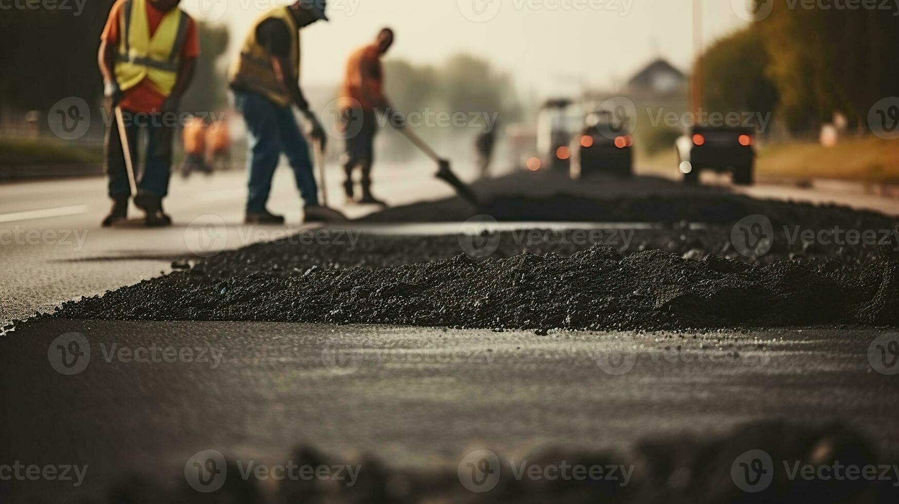 route ouvriers avec pelles dans leur mains jeter à bifurcation asphalte sur une Nouveau route. route un service réparations le Autoroute. génératif ai photo