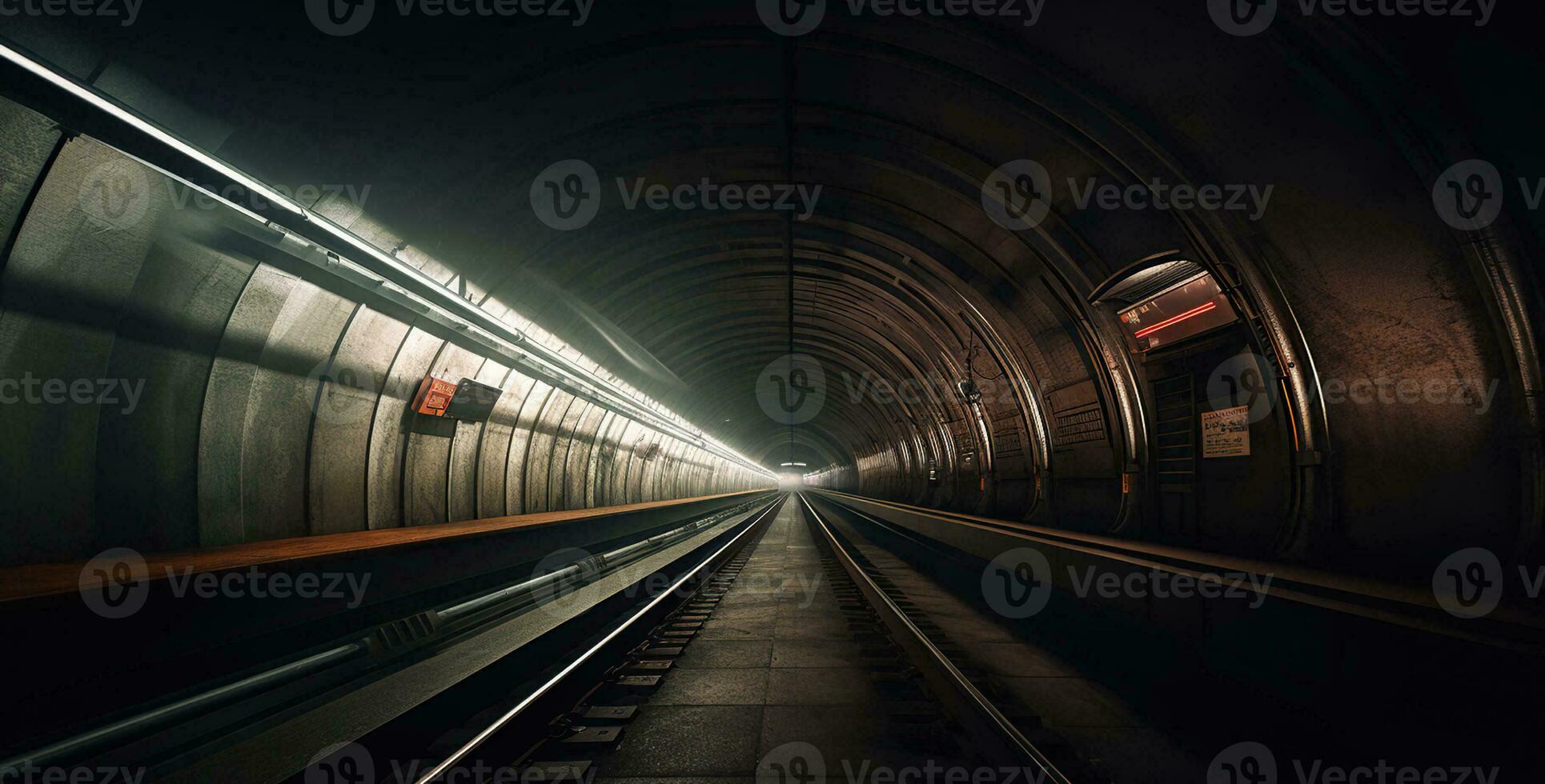 métro tunnel avec flou lumière des pistes avec en arrivant train dans le contraire direction, génératif ai photo
