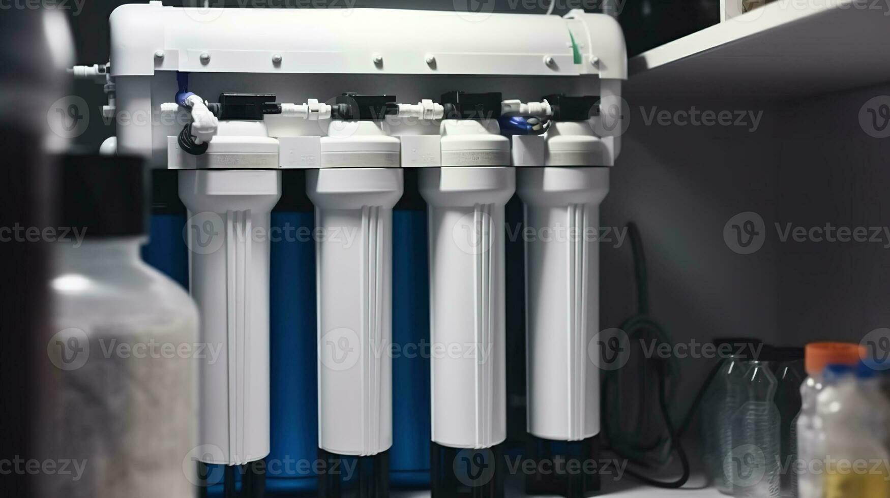 Accueil l'eau filtration système. osmose déionisation système. l'eau traitement appareils électroménagers, ultrafiltration Contexte. génératif ai photo