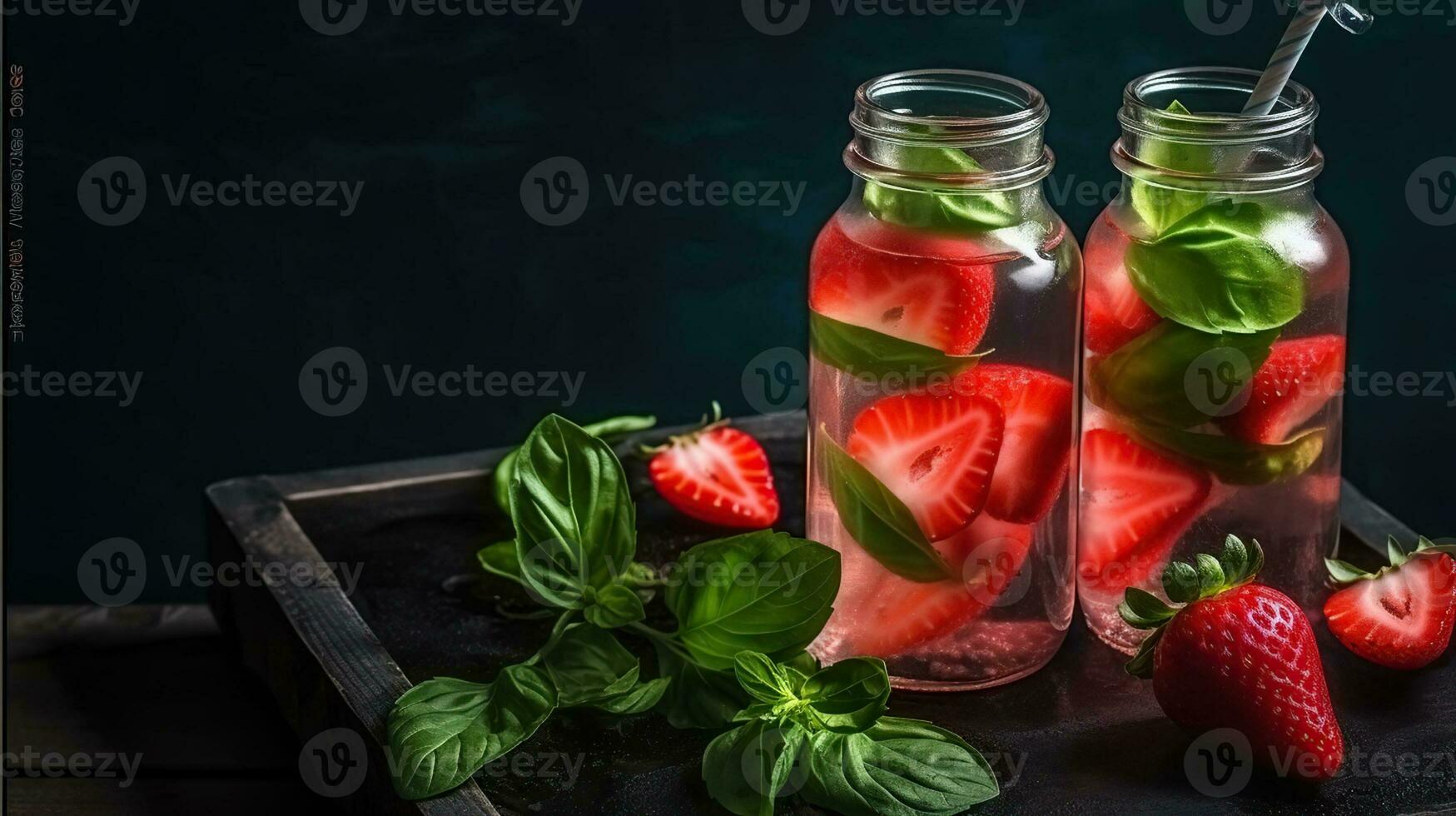 éteindre votre la soif avec fraise et basilic infusé l'eau. génératif ai photo