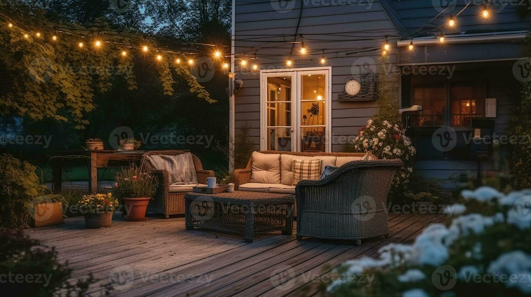 trempage dans le splendeur de une de banlieue Maisons patio sur une été soir. génératif ai photo