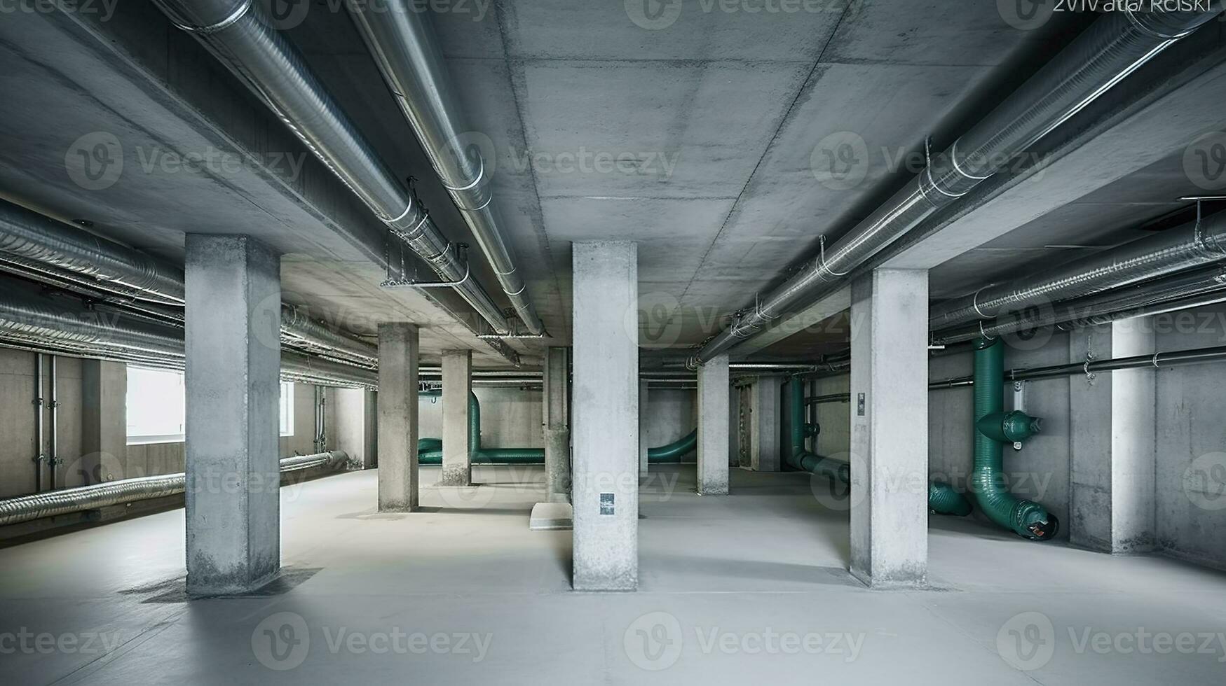 vide sous-sol de moderne bâtiment avec béton Colonnes avec plomberie système. génératif ai photo