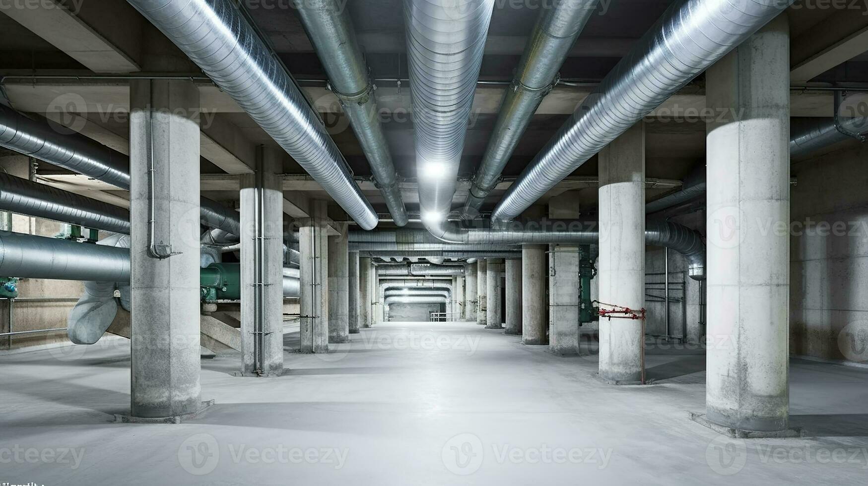 vide sous-sol de moderne bâtiment avec béton Colonnes avec métal pipelines et plomberie système avec électrique lignes sur plafond, génératif ai photo