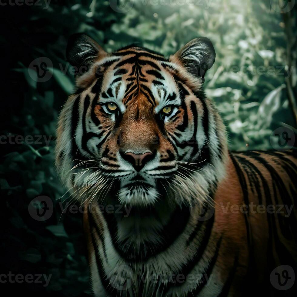 une tigre dans le jungle avec le mots tigre dans le coin une tigre dans le jungle génératif ai photo