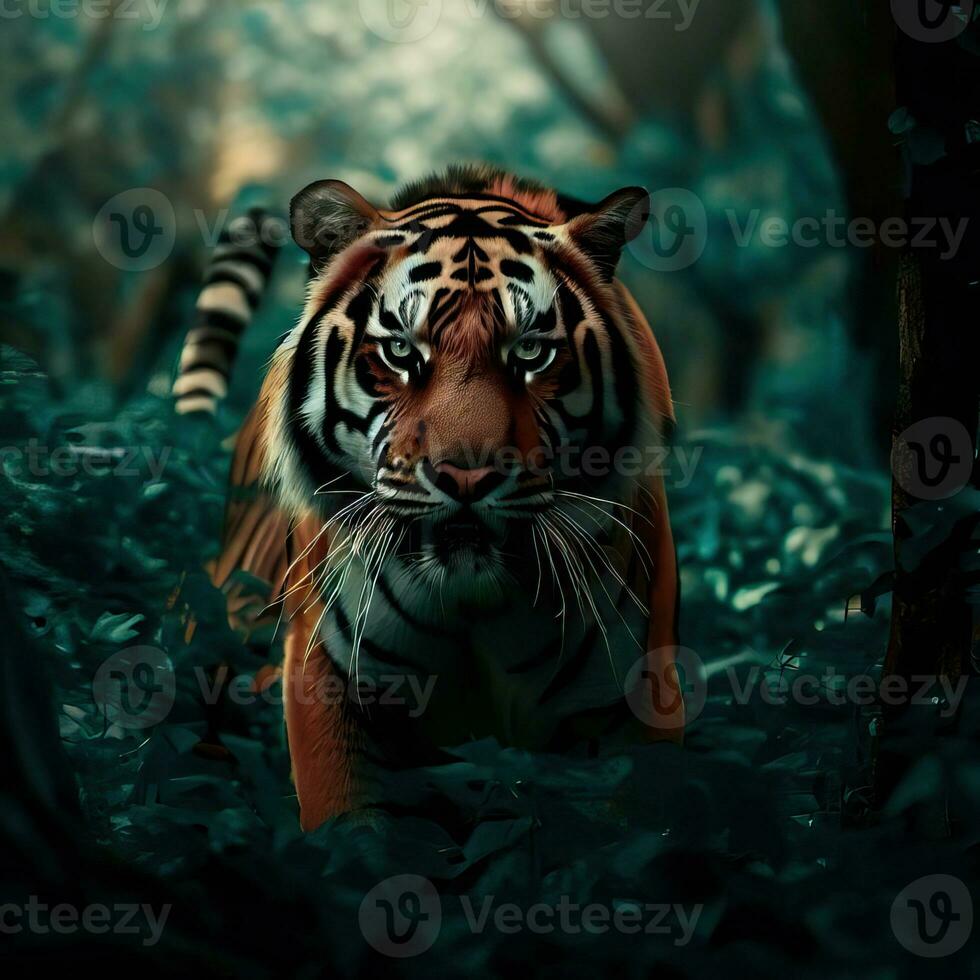 une tigre dans le jungle avec le mots tigre dans le coin une tigre dans le jungle génératif ai photo