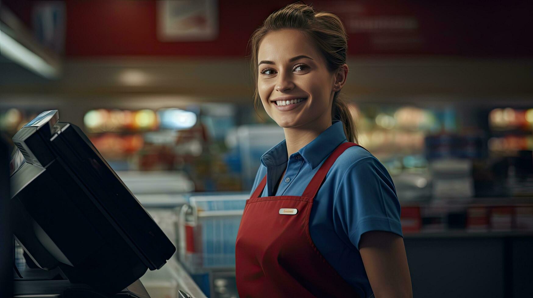 magnifique souriant la caissière travail à épicerie magasin,caissier photo