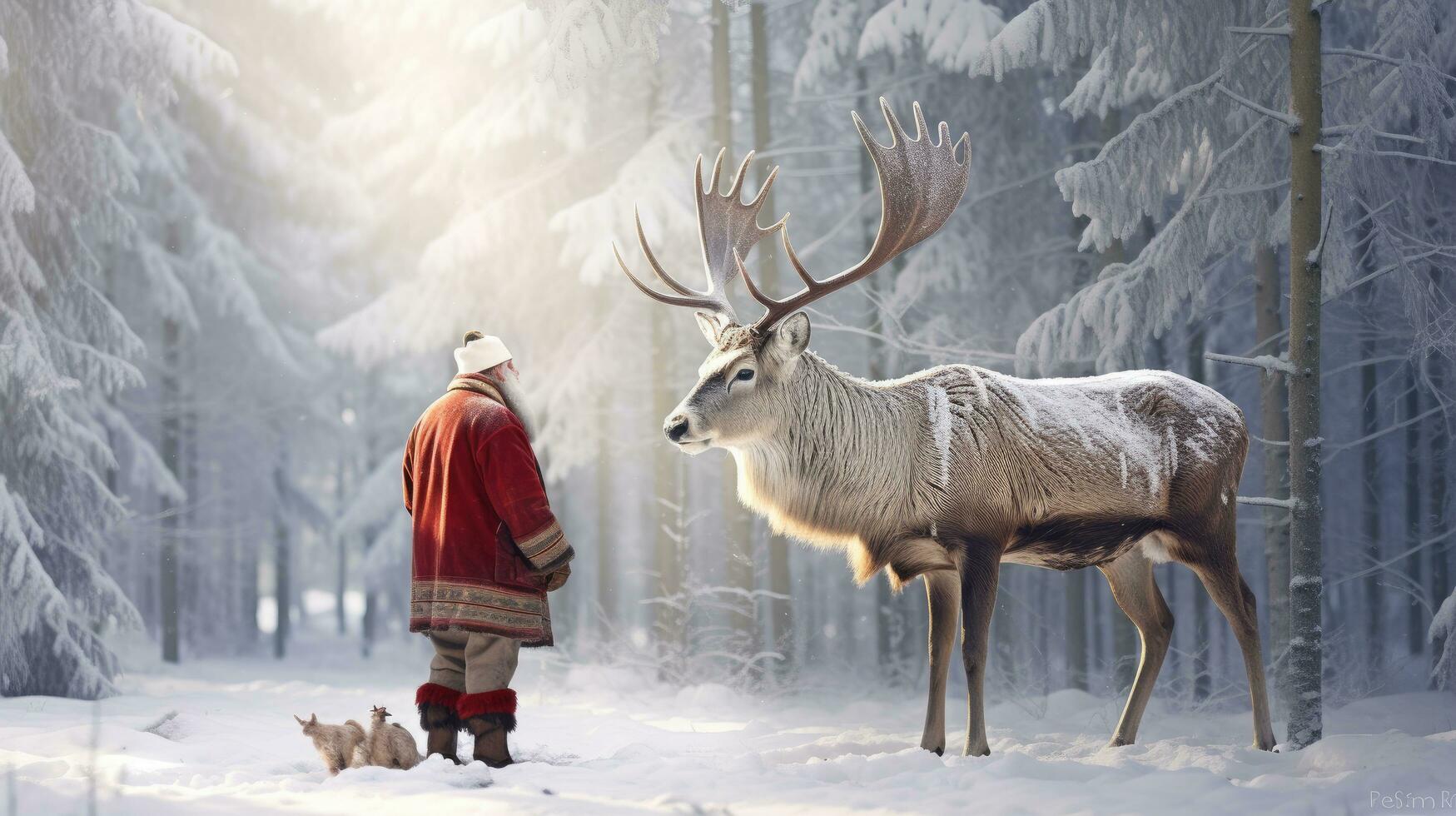 Père Noël claus est près le sien renne dans le neigeux forêt photo