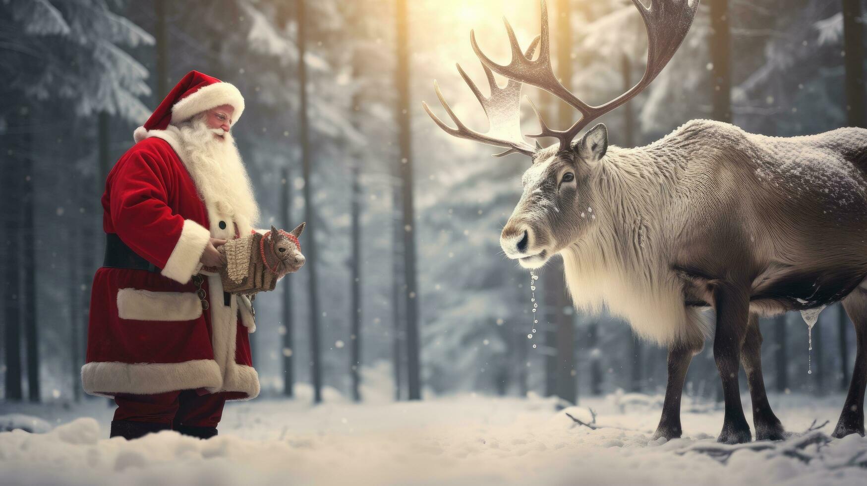 Père Noël claus est près le sien renne dans le neigeux forêt photo