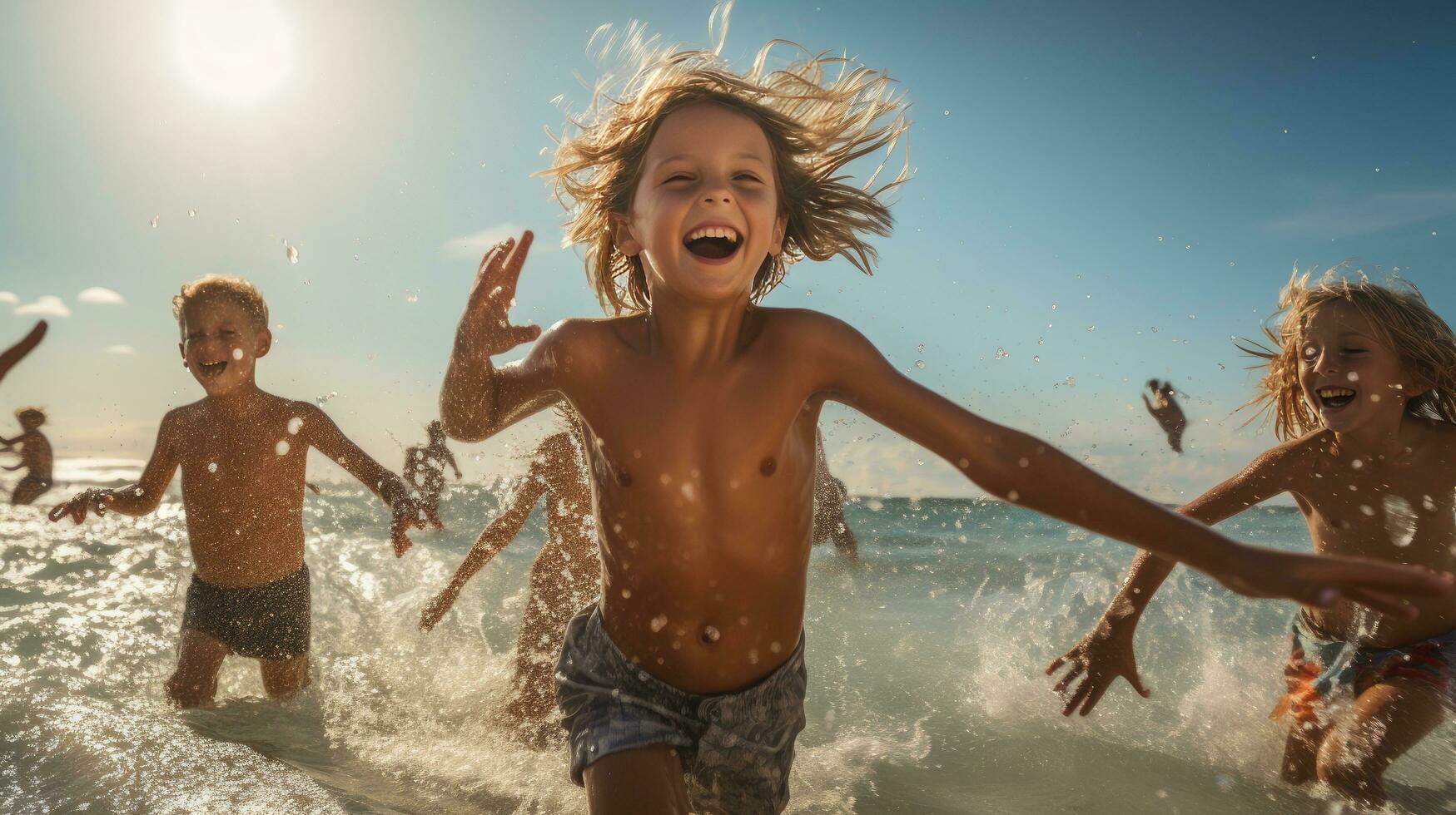 une groupe de les enfants étaient ayant amusement en jouant dans le mer. photo