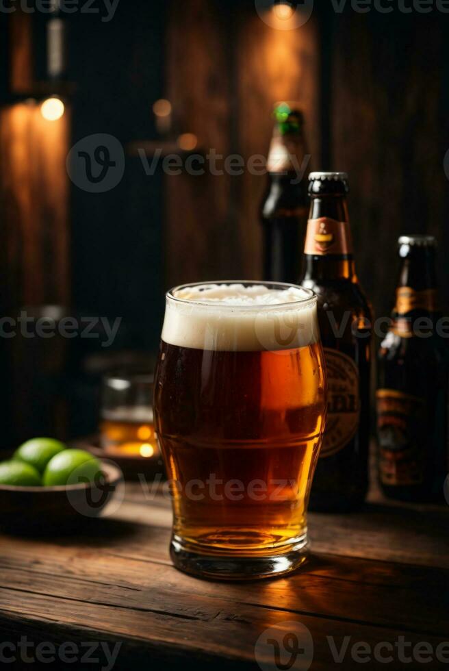 photo de verre Bière et collations avec bouteille dans arrière-plan dans bar