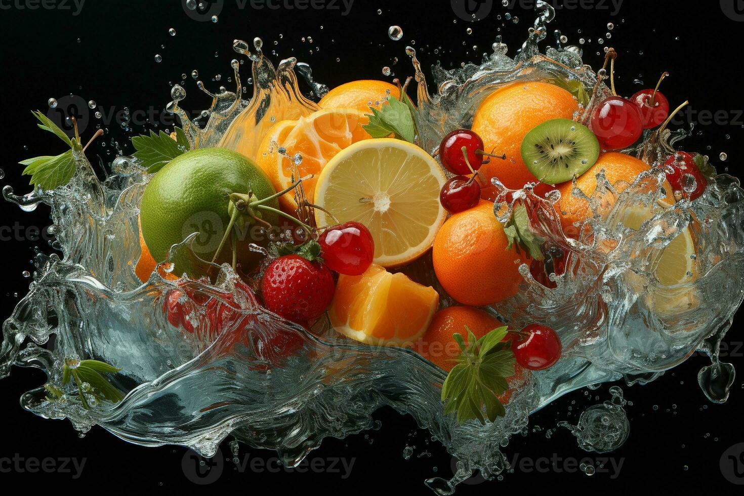 le des fruits de différent variétés tranches chute en dehors de l'eau photo