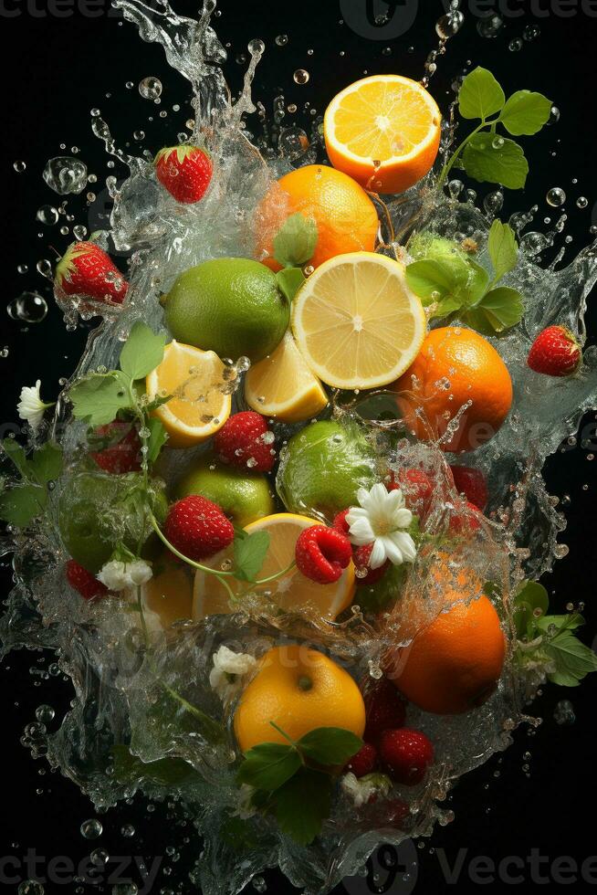 le des fruits de différent variétés tranches chute en dehors de l'eau photo