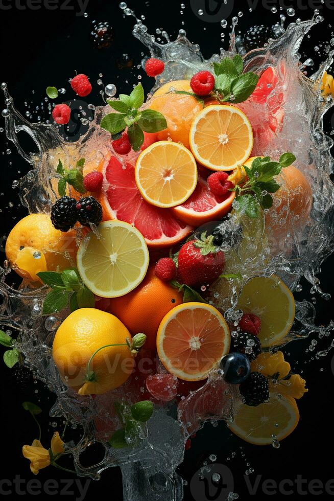 le des fruits de différent variétés tranches chute en dehors de l'eau photo