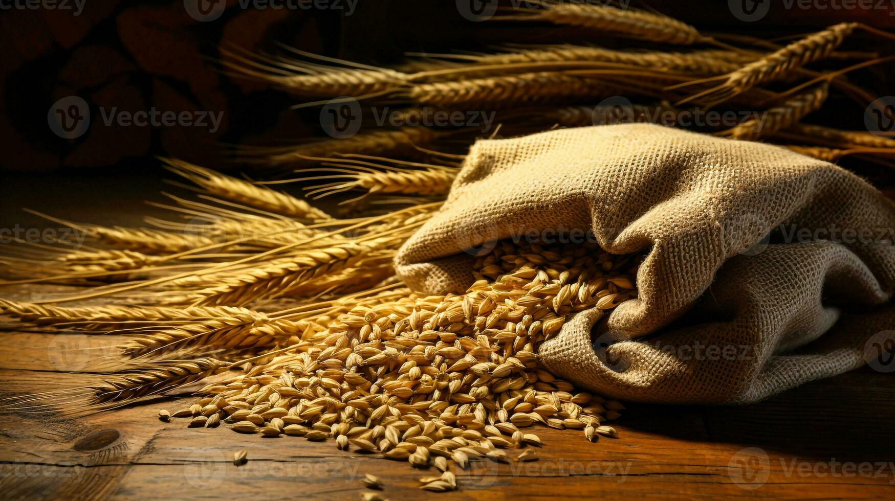 blé des graines à venir en dehors de jute sacs génératif ai photo